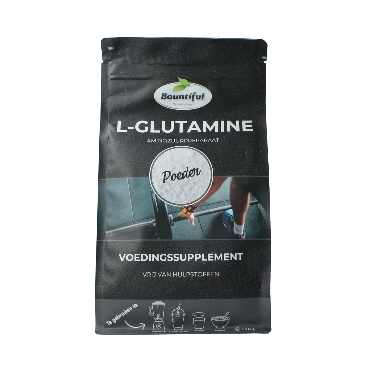 Bountiful L-Glutamine powder in a 500g container, amino acids supplement for muscle recovery and immune support.