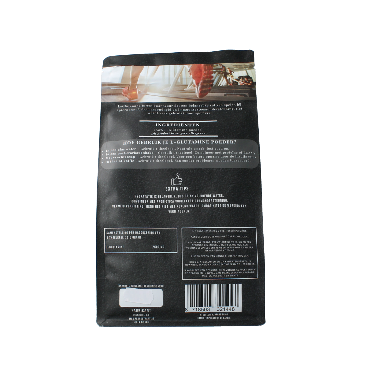 Bountiful L-Glutamine powder in 500g container, amino acid supplement with white powder in a jar.