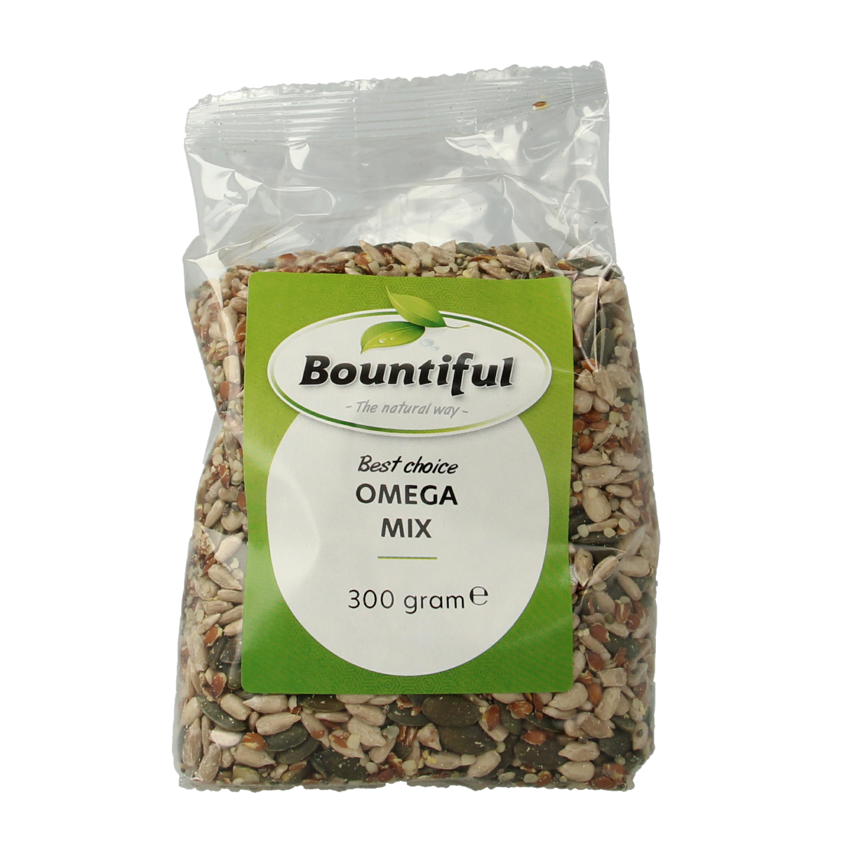Raw Bountiful Omega Mix superfoods in a 300g package, featuring a blend of nutritious seeds and nuts for healthy snacking.