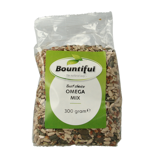 Raw Bountiful Omega Mix superfoods in a 300g package, featuring a blend of nutritious seeds and nuts for healthy snacking.