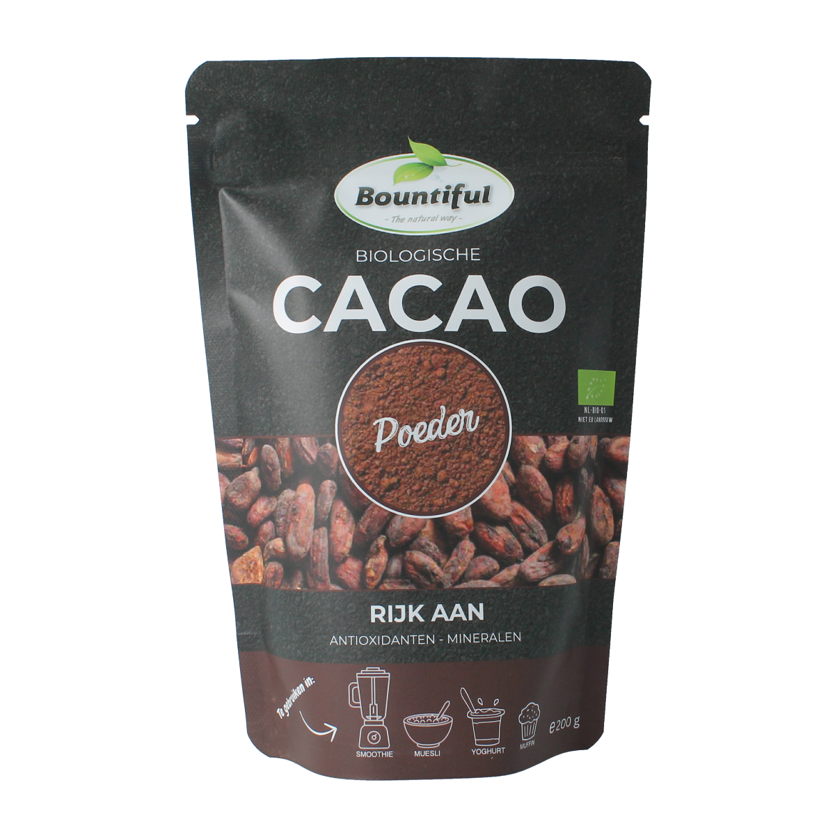 Bountiful organic cacao powder in a 200g package, suitable for drinks and smoothies, shown in the image.