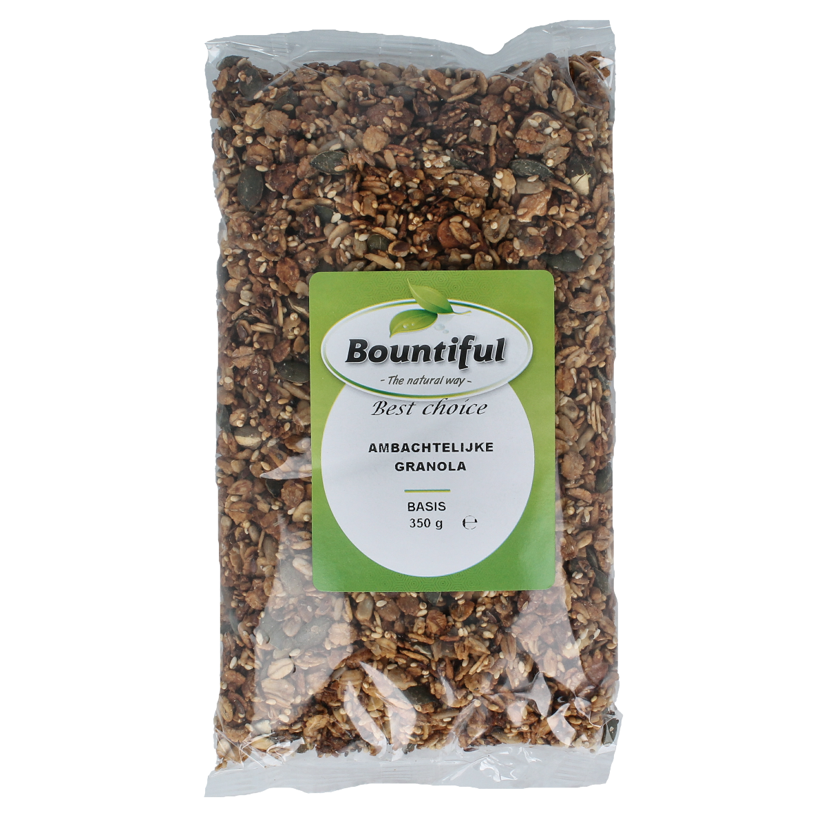 Bountiful Ambachtelijke granola basis in 350g package, showing a close-up of crunchy breakfast granola with oats and nuts