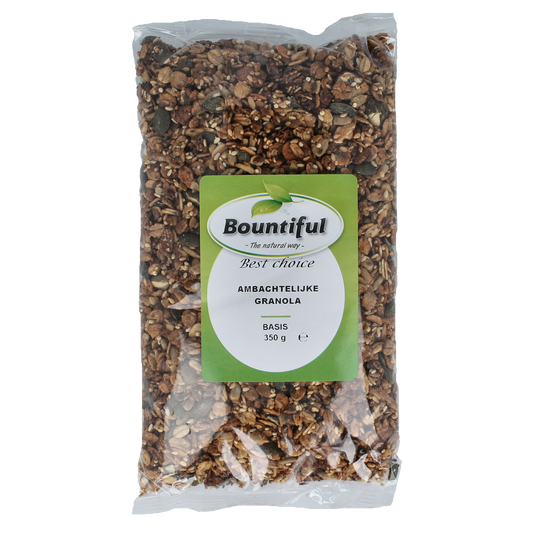 Bountiful Ambachtelijke granola basis in 350g package, showing a close-up of crunchy breakfast granola with oats and nuts