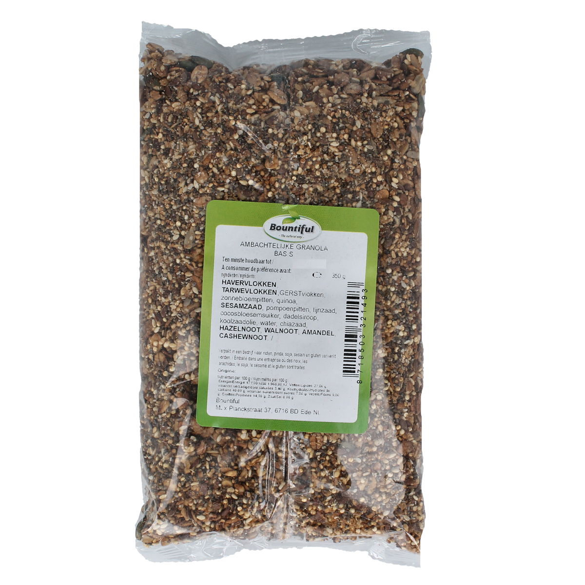Bountiful Ambachtelijke granola basis 350g, natural breakfast cereal with mixed oats and nuts in a clear bowl
