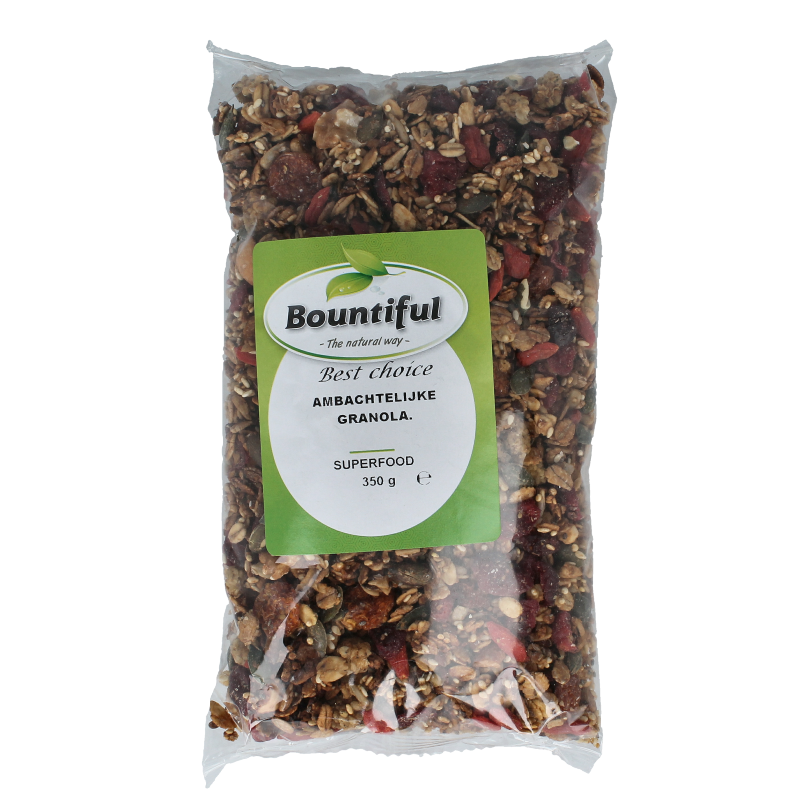 Bountiful ambachtelijke granola superfood in een kom, ontbijtgranen met noten, zaden en gedroogd fruit, 350 gram verpakking