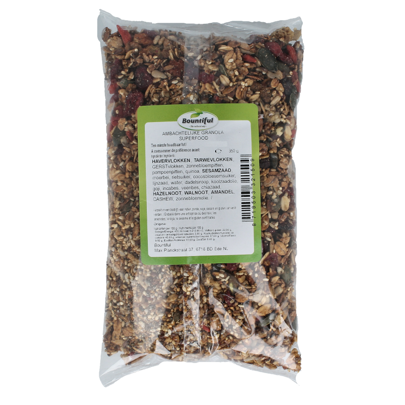 Bountiful ambachtelijke granola superfood ontbijtgranen in 350g verpakking, featuring a mix of oats, nuts, and dried fruits.