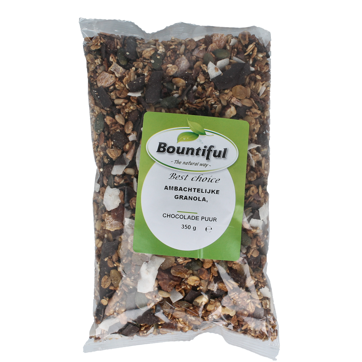 Bountiful Ambachtelijke granola chocola puur breakfast cereal in 350g package, featuring dark chocolate flavor and crunchy texture