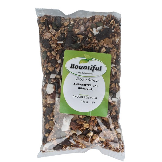 Bountiful Ambachtelijke granola chocola puur breakfast cereal in 350g package, featuring dark chocolate flavor and crunchy texture