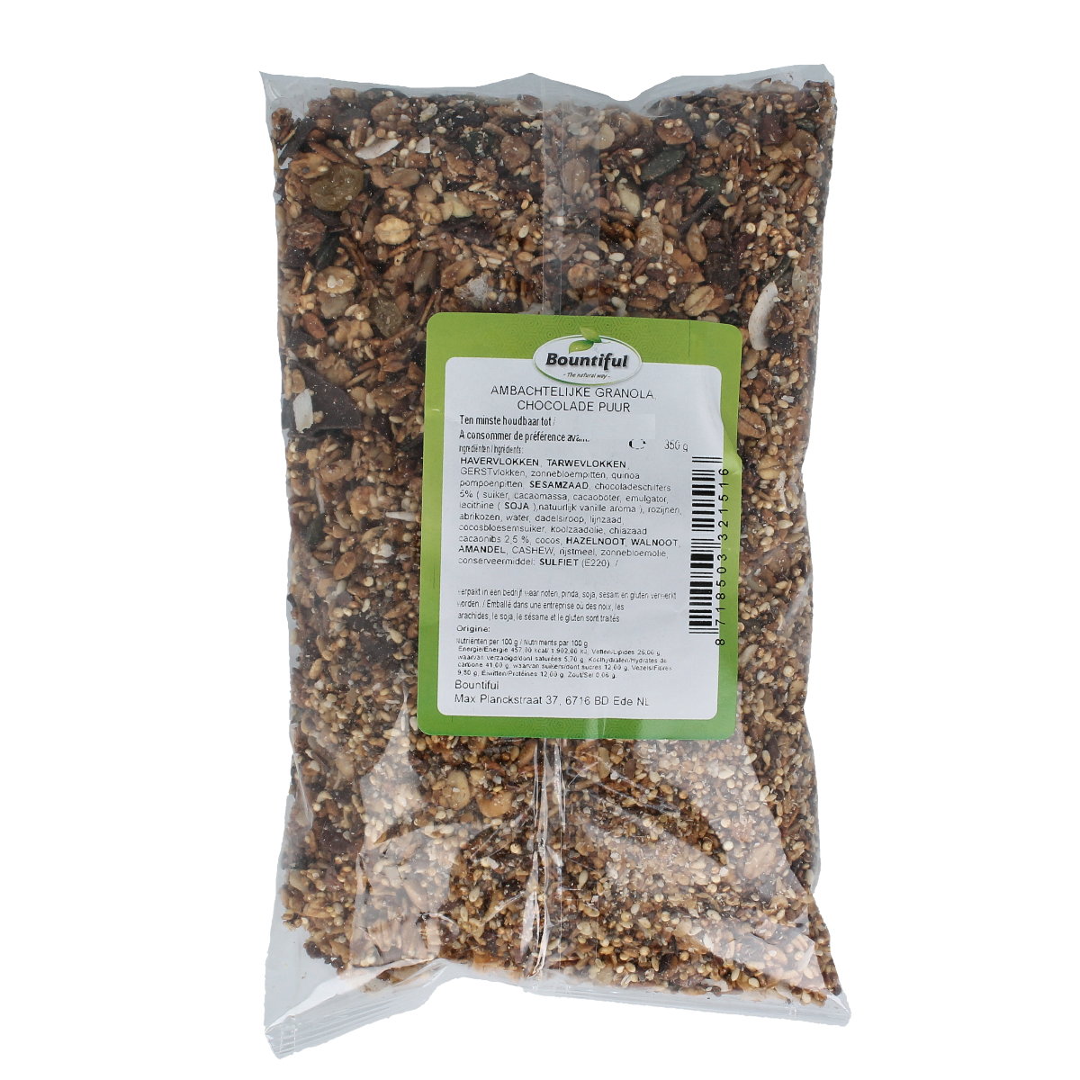 Bountiful ambachtelijke granola chocola puur, 350g, close-up of crunchy breakfast cereal with dark chocolate pieces.