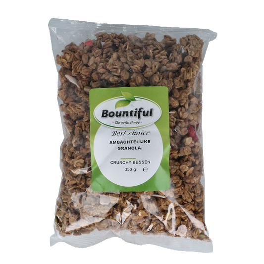 Bountiful Ambachtelijke granola krunchy bessen in 350g, with mixed berries and crunchy oats, ideal for breakfast.