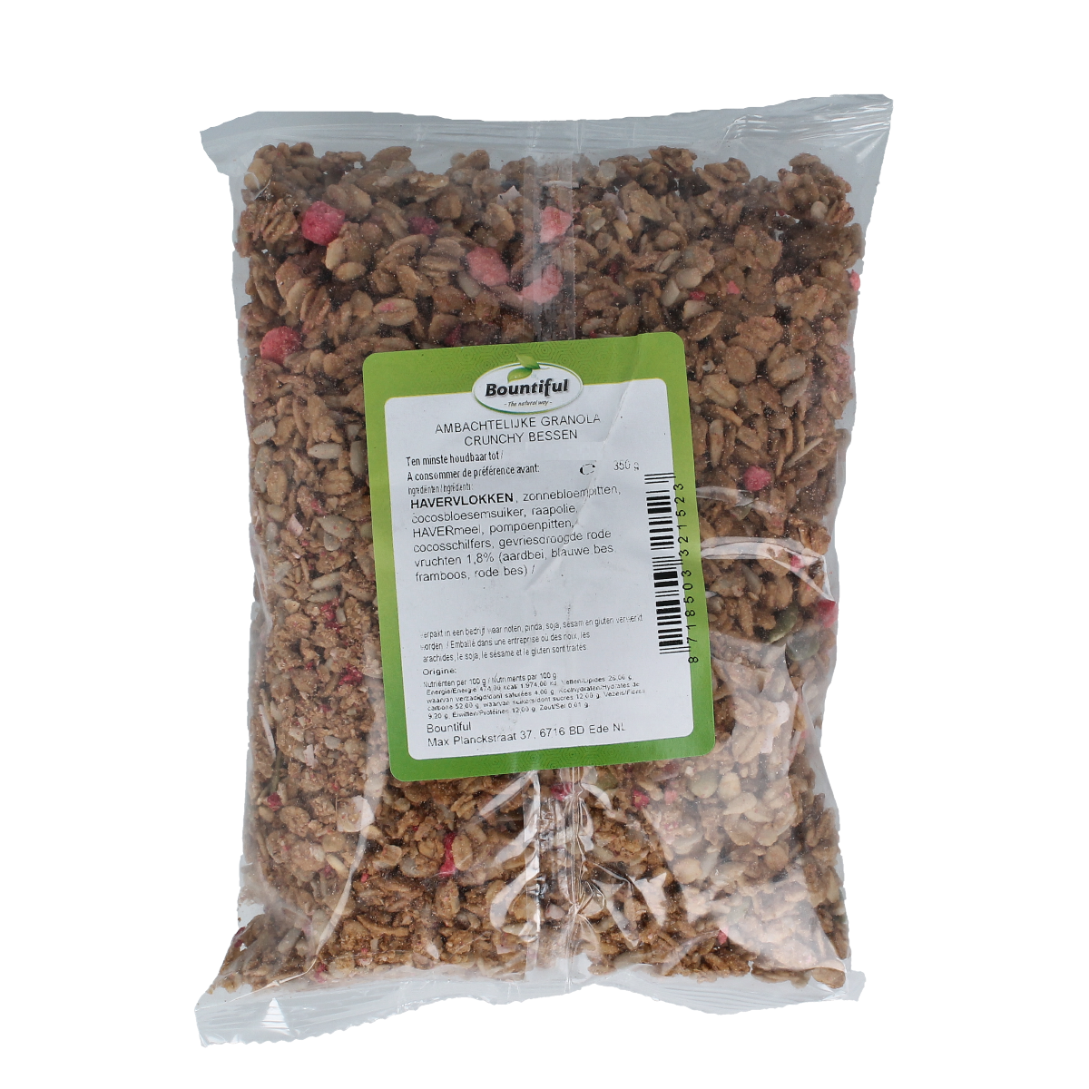 Bountiful ambachtelijke granola krunchy bessen in 350g verpakking, featuring crunchy oats and dried berries for breakfast.