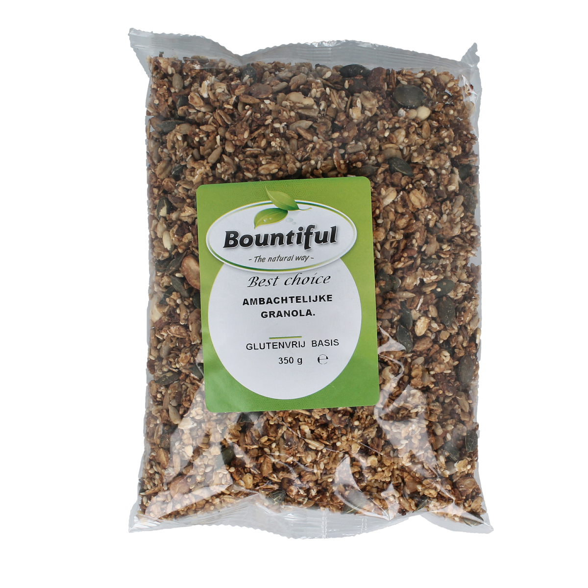 Bountiful gluten-free organic granola in a 350g package, ideal for breakfast with visible crunchy granola clusters.