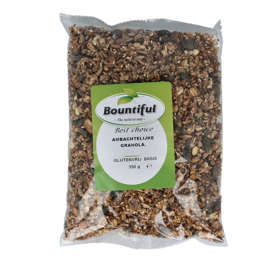 Bountiful gluten-free organic granola in a 350g package, ideal for breakfast with visible crunchy granola clusters.