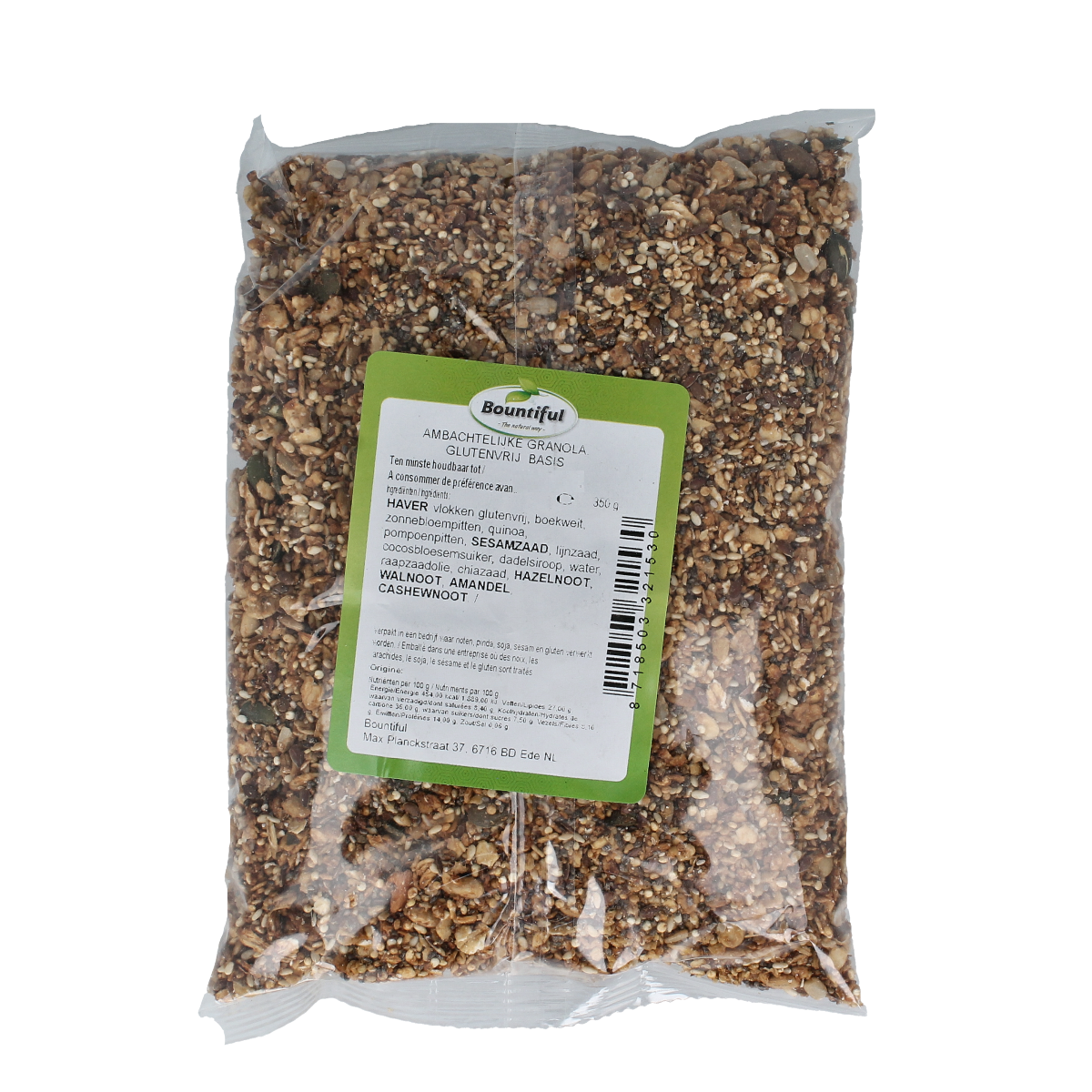 Bountiful glutenvrije biologische ontbijtgranen granola in 350g pack, with visible clusters and natural ingredients