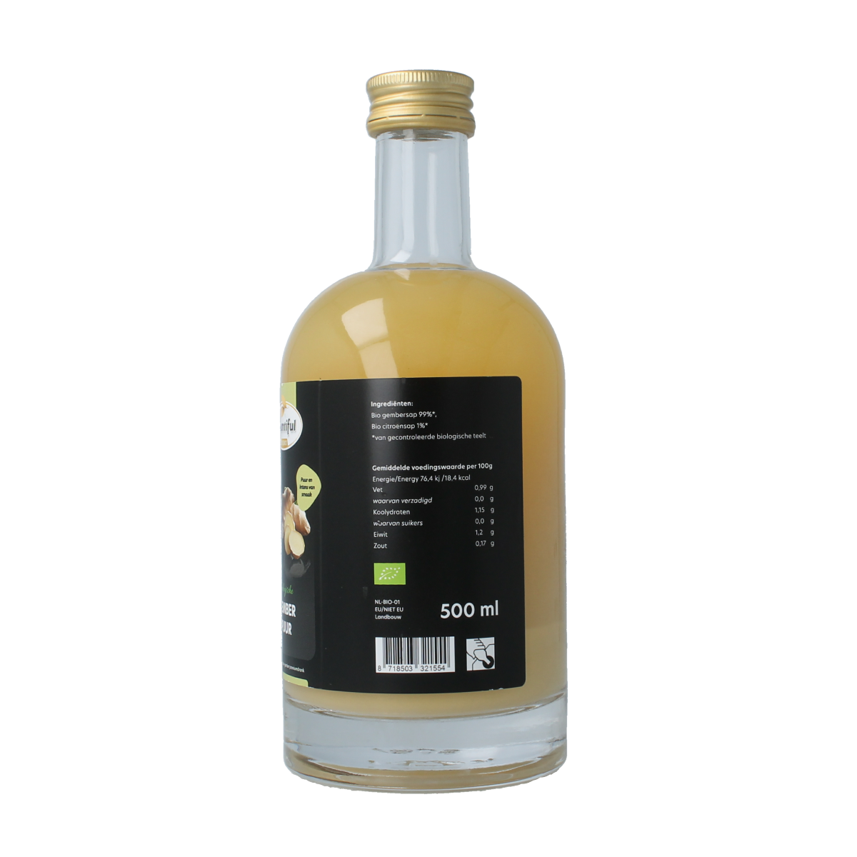 Bountiful Select organic ginger juice in a 500ml bottle, bright yellow liquid in a clear glass bottle with a white cap