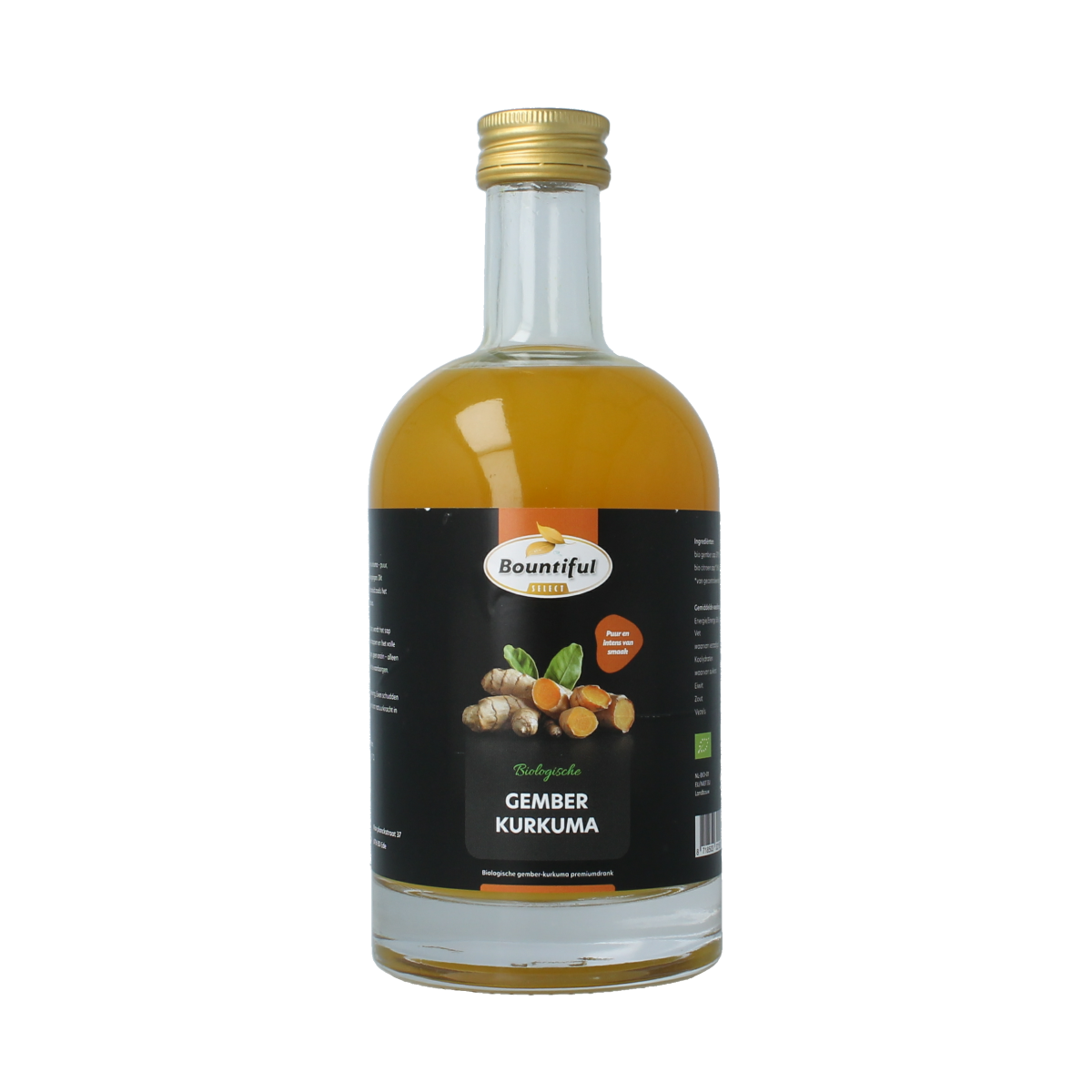 Bountiful Select organic ginger and turmeric juice in a 500ml bottle, natural drink with vibrant orange and yellow hues