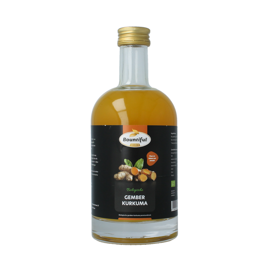 Bountiful Select organic ginger and turmeric juice in a 500ml bottle, natural drink with vibrant orange and yellow hues