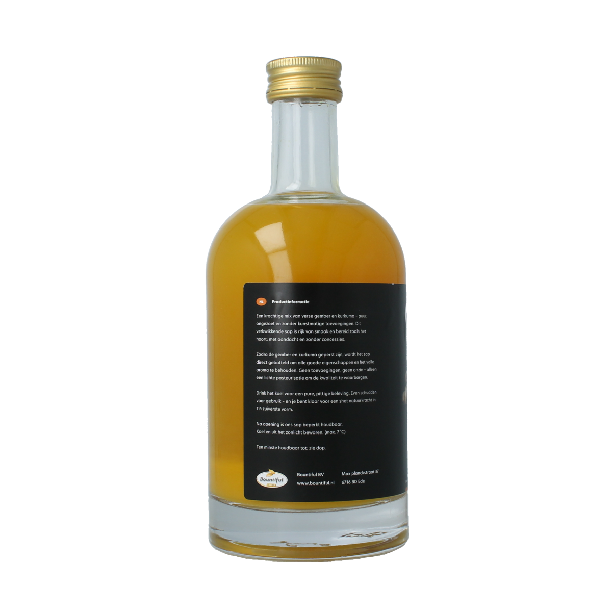 Bountiful Select organic ginger and turmeric juice in a 500ml bottle, fresh and vibrant for healthy drinks.