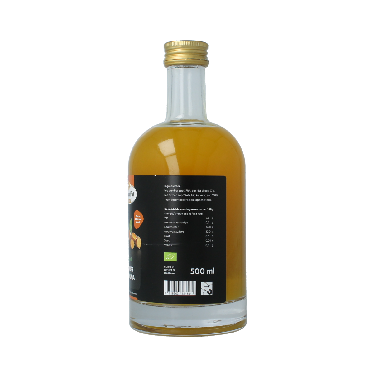Bountiful Select organic ginger and turmeric juice in a 500ml bottle, showing the vibrant label and clear liquid inside.