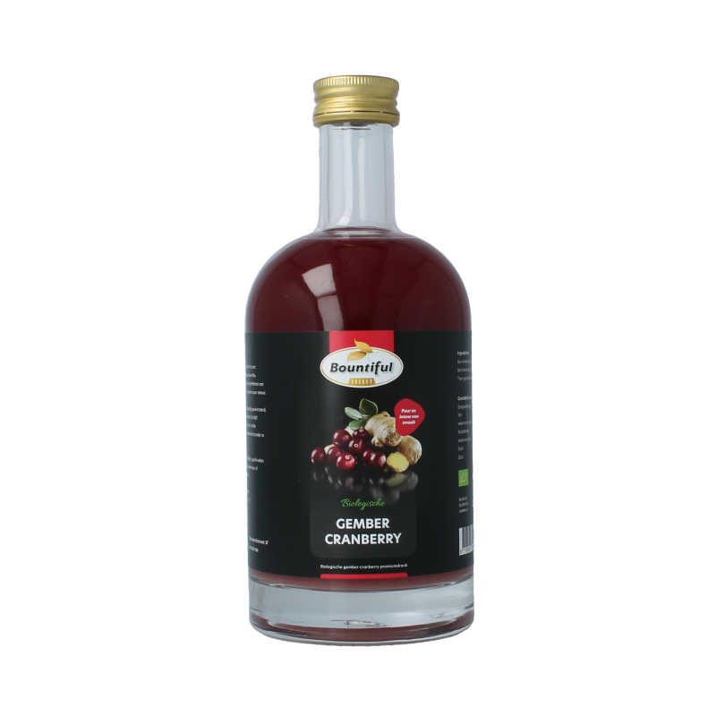 Bountiful Select ginger sap cranberry bio in a 500ml bottle, natural drink with fresh ginger and cranberry ingredients.
