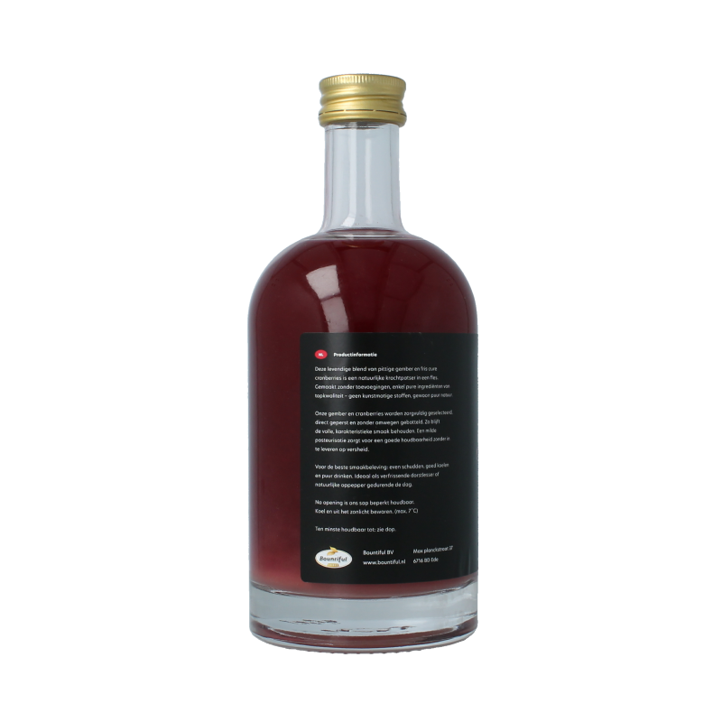 Bountiful Select ginger cranberry organic juice in a 500ml bottle, featuring fresh ginger and cranberry fruits in the image.