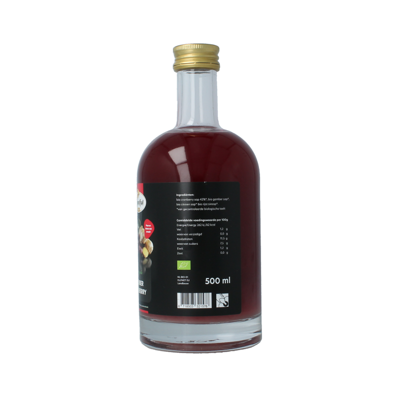 Bountiful Select Gember Sap Cranberry bio in 500ml bottle, natural ginger and cranberry juice, eco-friendly packaging.