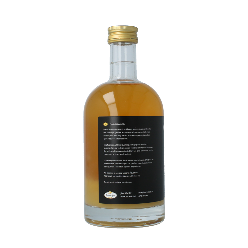 Bountiful Select organic ginger pineapple juice in a 500ml bottle, showcasing fresh ginger and pineapple slices on the label.