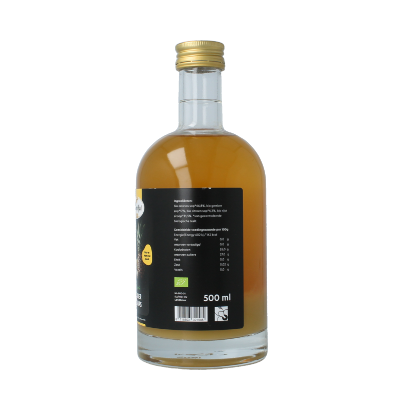 Bountiful Select organic ginger and pineapple juice in a 500ml bottle, fresh and vibrant, with ginger roots and pineapple slices visible.