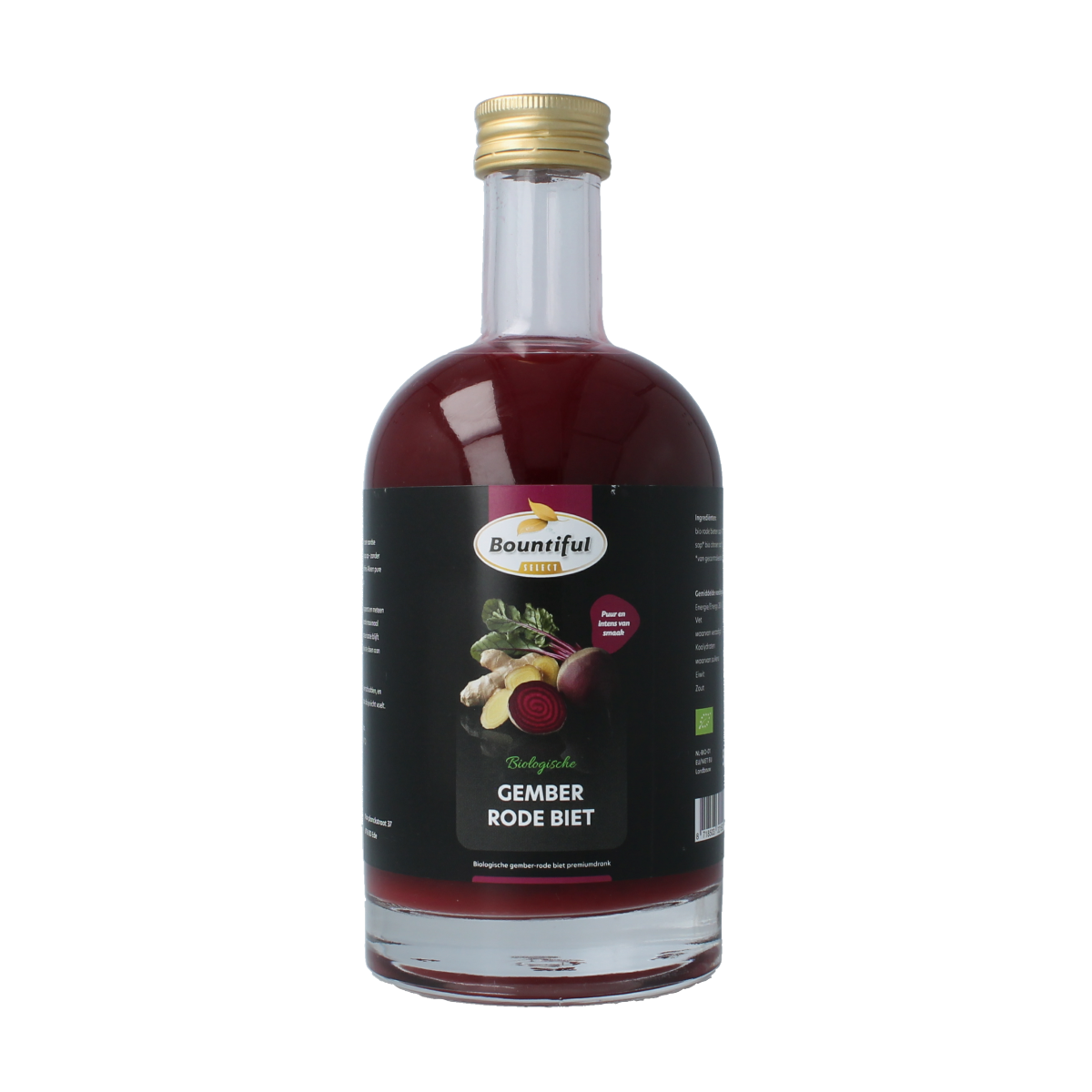 Bountiful Select ginger juice in a 500ml bottle, organic and fresh, for cooking or beverages, shown in the image.