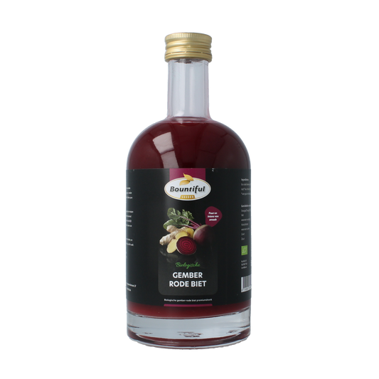 Bountiful Select ginger juice in a 500ml bottle, organic and fresh, for cooking or beverages, shown in the image.