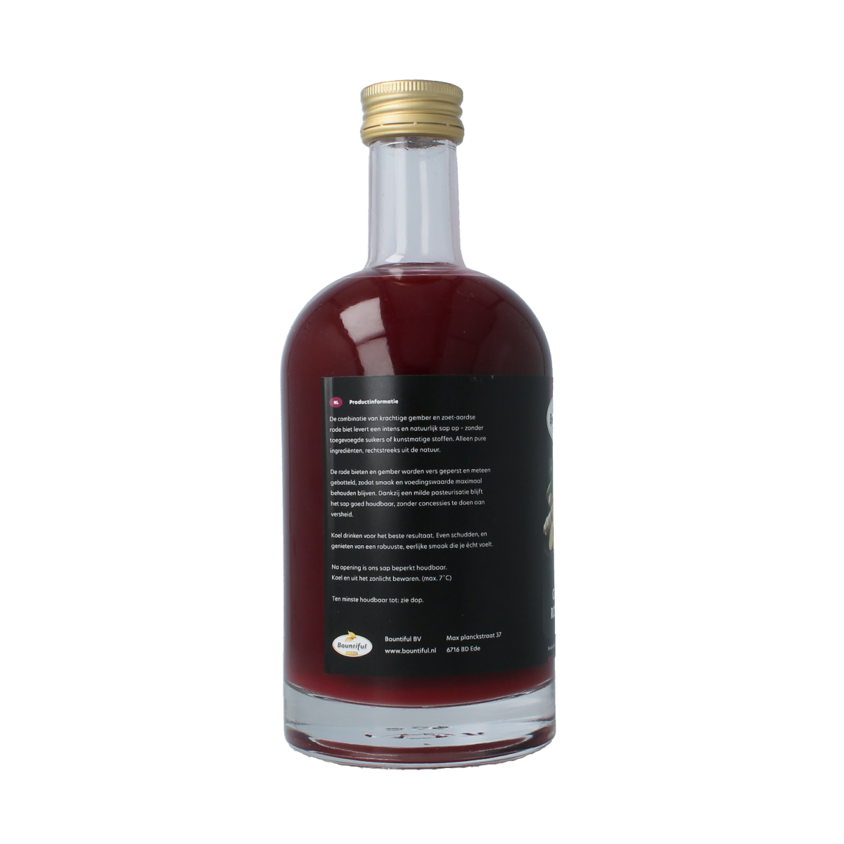 Bountiful Select ginger juice in 500ml bottle, organic ginger drink with vibrant amber color and fresh ginger slices visible.
