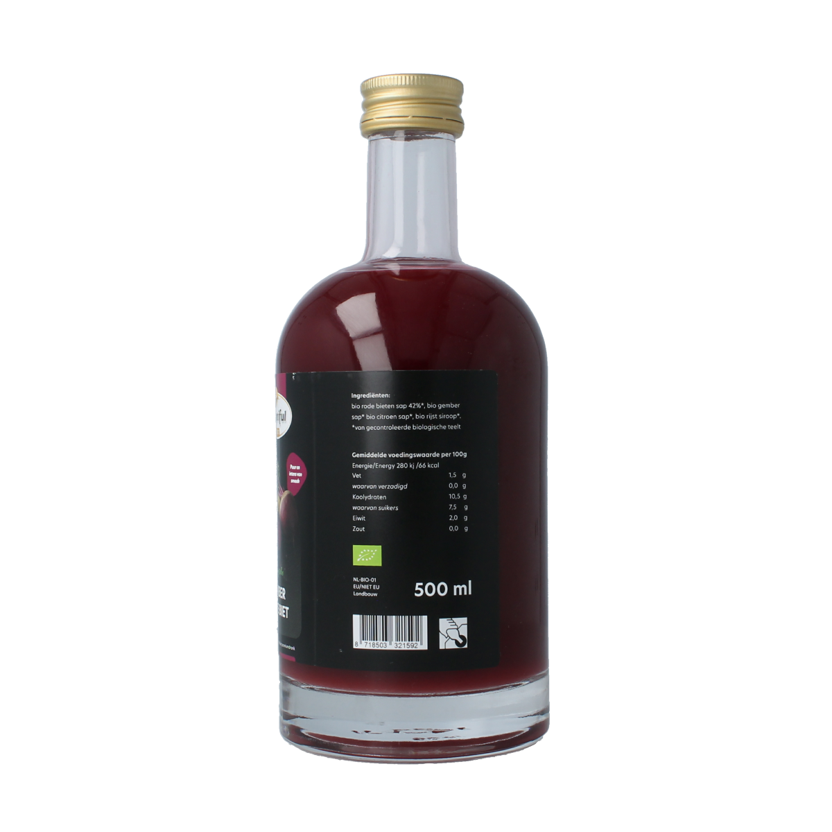Bountiful Select organic ginger and beet juice in a 500ml bottle, featuring fresh ginger roots and vibrant beet vegetables.