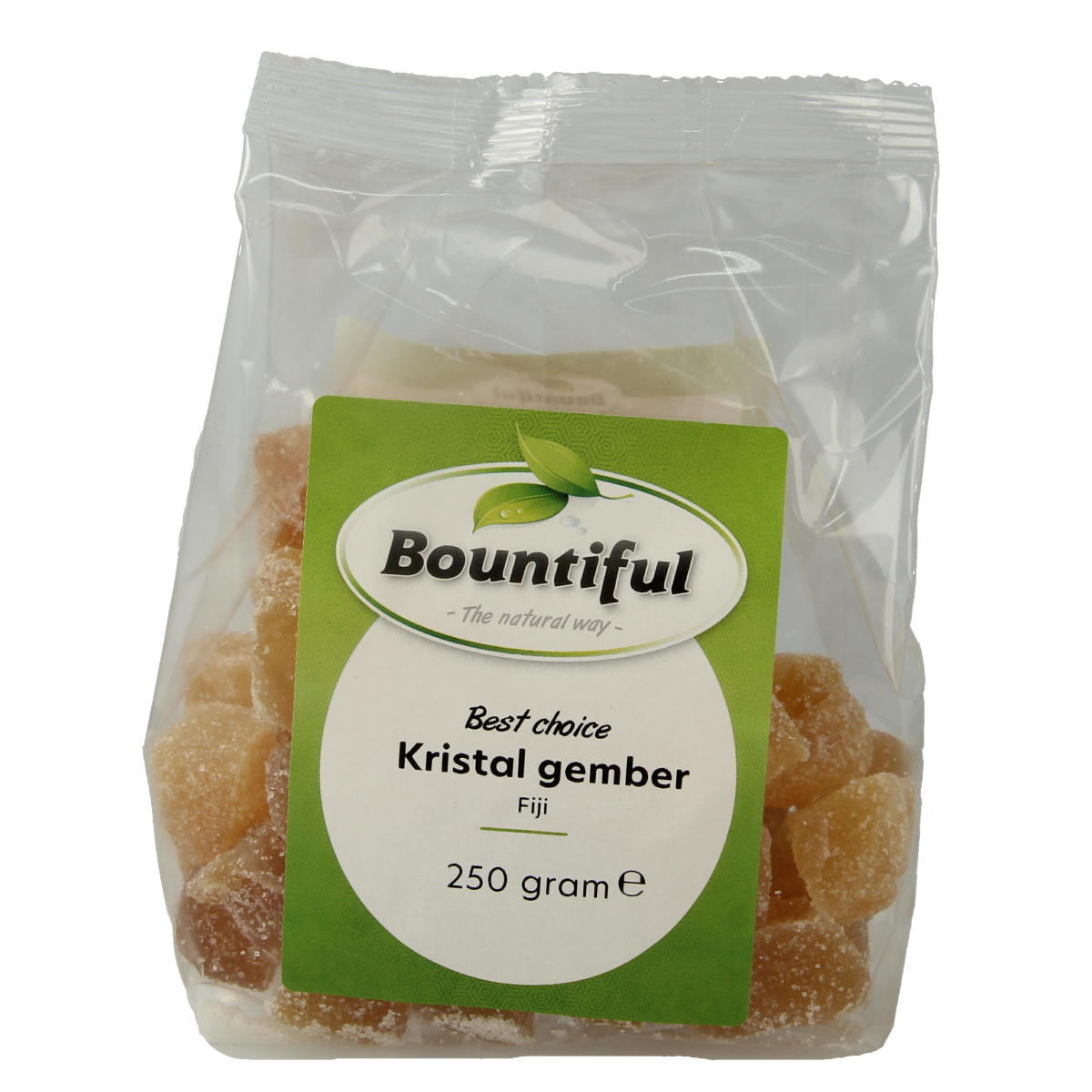 Bountiful Kristal gember snack in 250g package, featuring clear ginger pieces in a transparent bag, natural and flavorful.