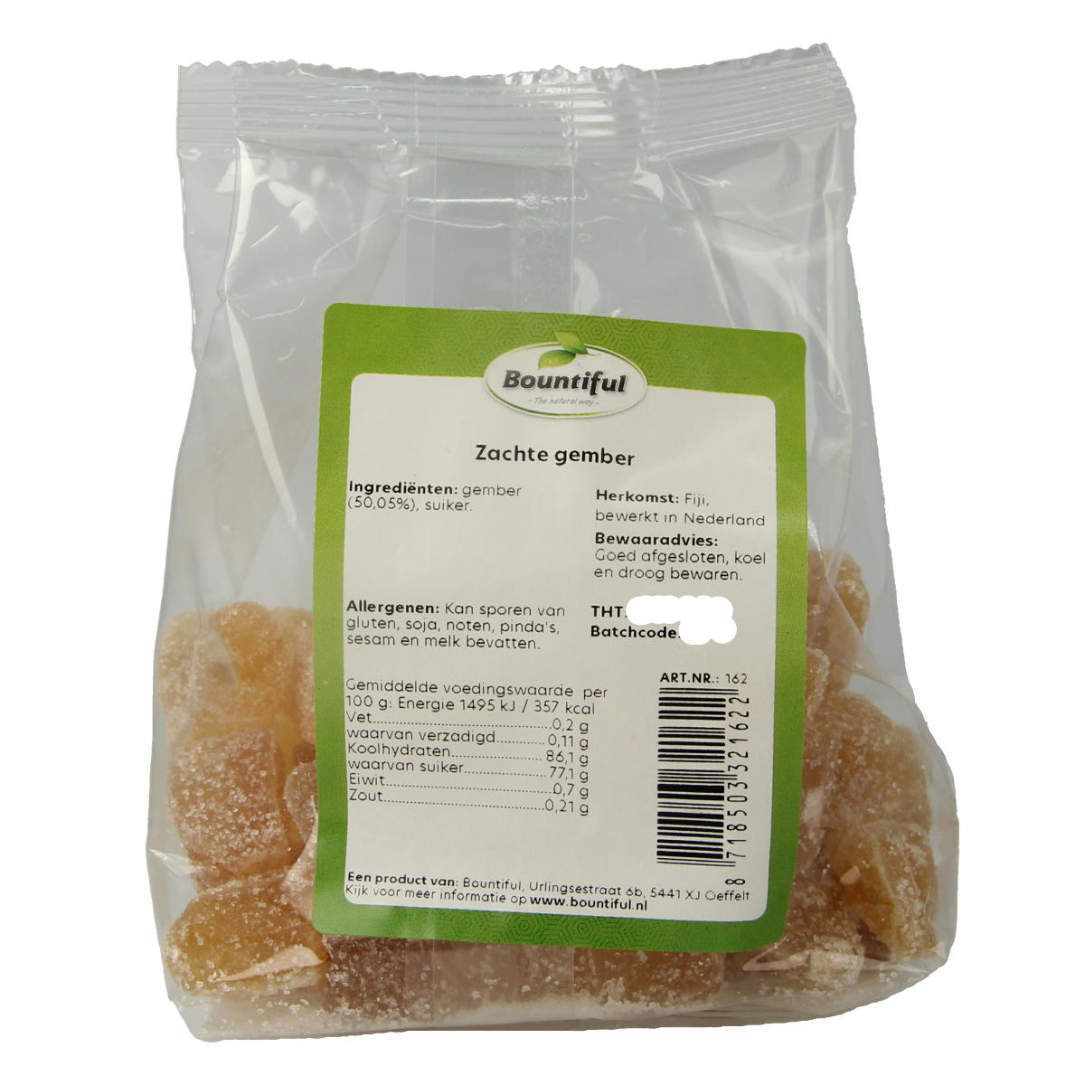 Bountiful Kristal gember snack in 250g package, ginger-flavored treats from Bountiful, shown in a clear image.