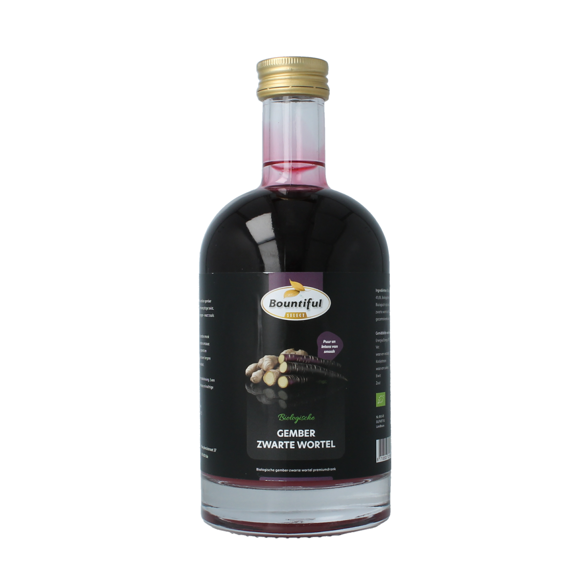 Bountiful Bountiful Gember sap en zwarte wortel biologische drank in 500ml bottle with fresh ginger and black carrot images.