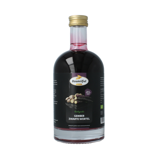 Bountiful Bountiful Gember sap en zwarte wortel biologische drank in 500ml bottle with fresh ginger and black carrot images.