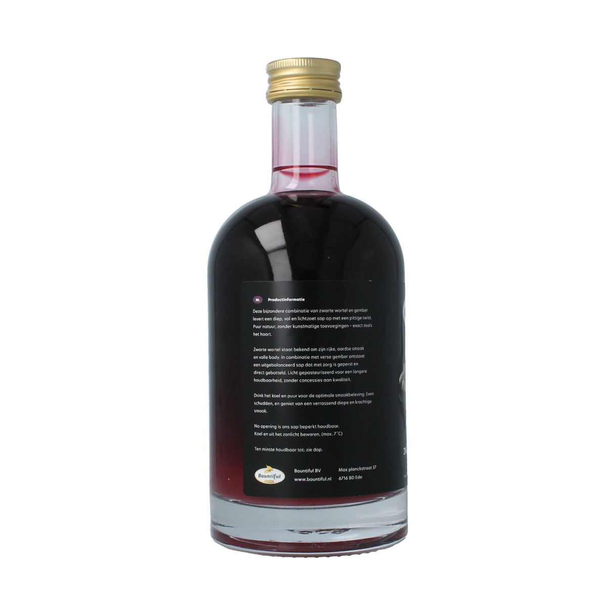 Bountiful ginger and black carrot organic juice in a 500ml bottle, with fresh ginger and black carrots visible in the image.