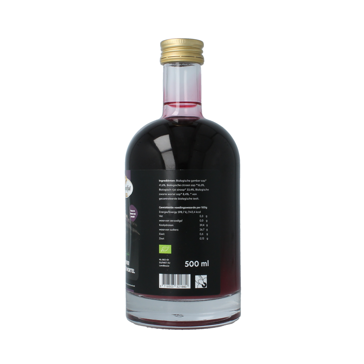 Bountiful Bountiful Gember sap en zwarte wortel bio in 500ml bottle, natural drink with ginger and black carrot.