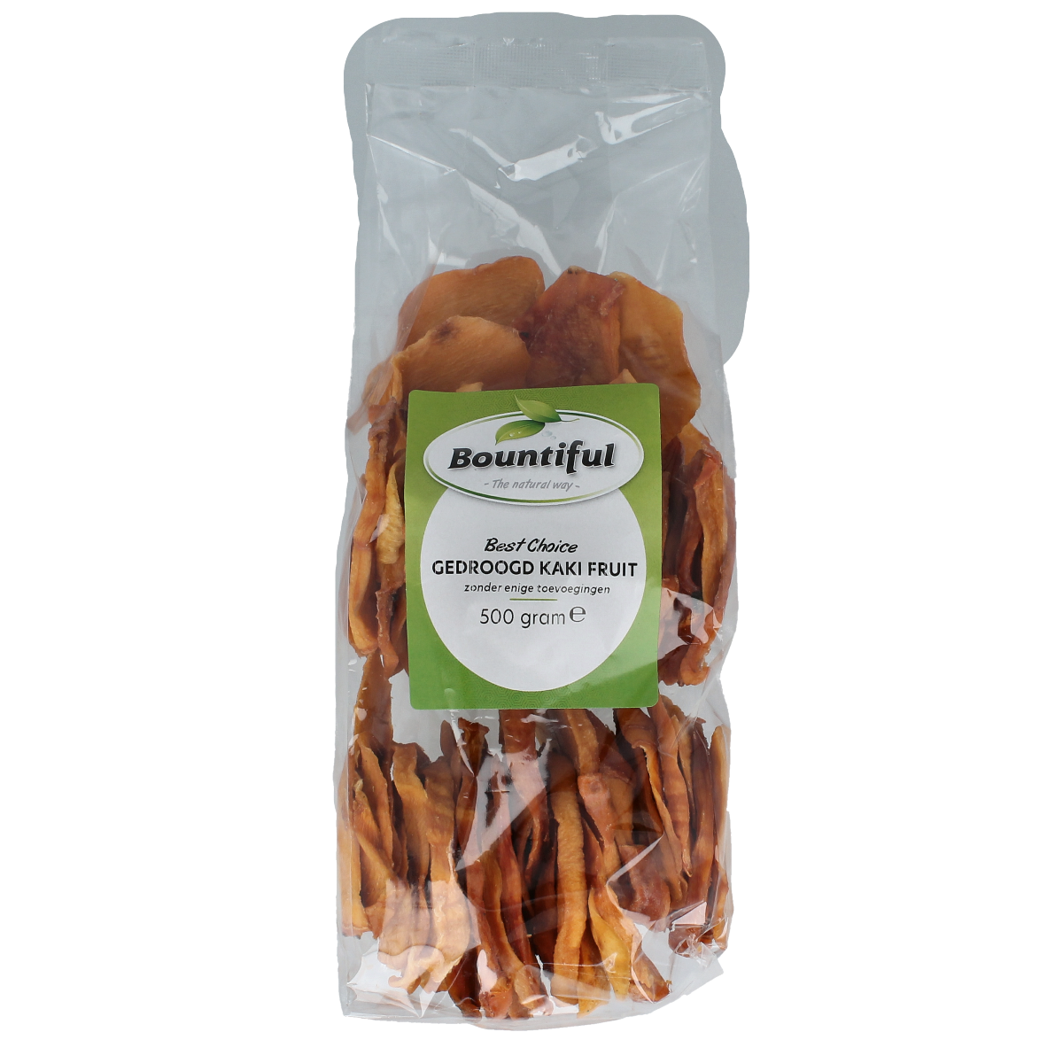 Bountiful Bountiful dried sugar-free kaki fruit, 500g, showing bright orange, wrinkled kaki slices in a clear package.