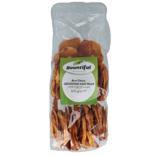 Bountiful Bountiful dried sugar-free kaki fruit, 500g, showing bright orange, wrinkled kaki slices in a clear package.