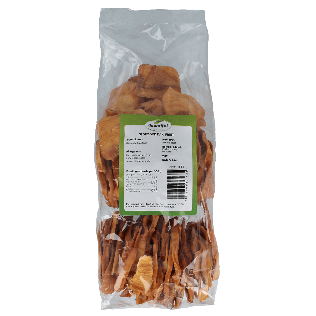 Bountiful dried sugar-free kaki fruit, 500g, shown in the image with vibrant orange color and textured surface.