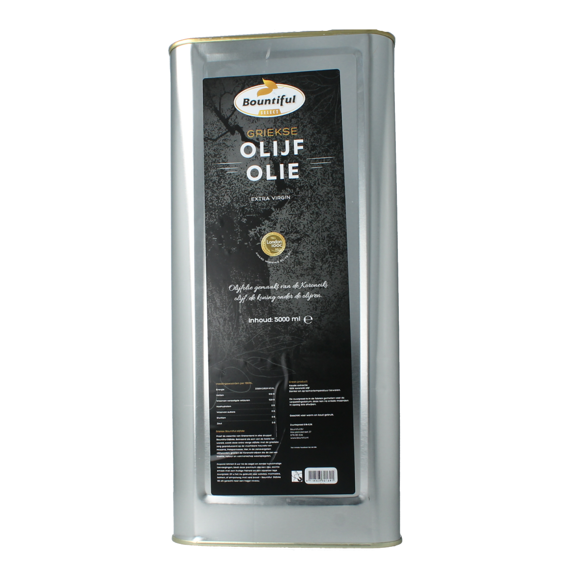 Bountiful Greek olive oil in a 5-liter can, premium extra virgin oil for cooking and dressings, in a natural green color.