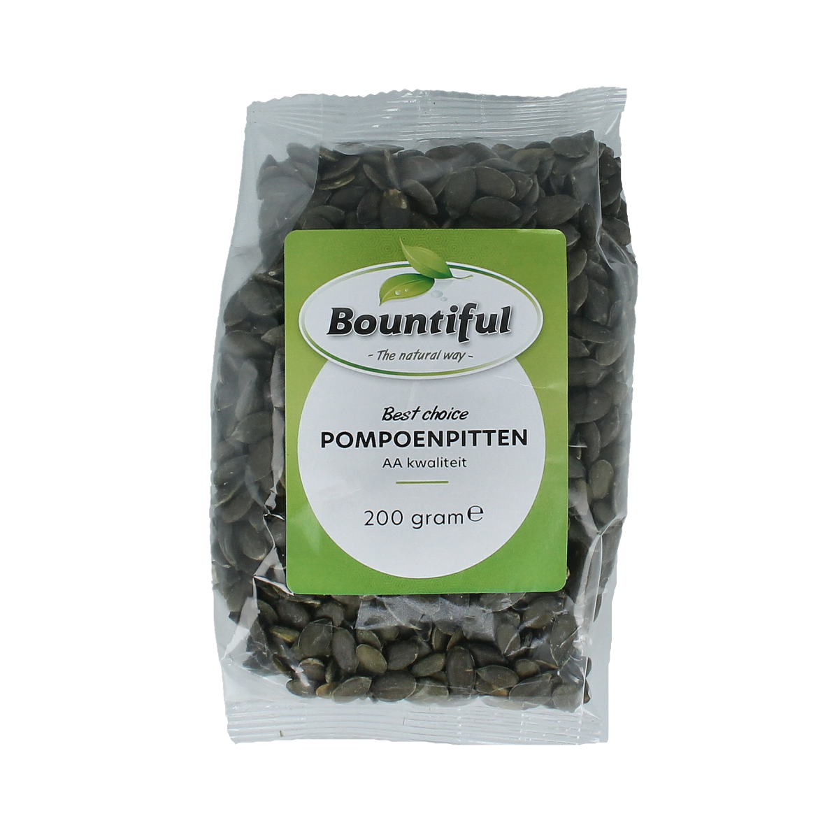 Bountiful AA class pumpkin seeds in a 200g package, raw and superfood quality, shown in the image.