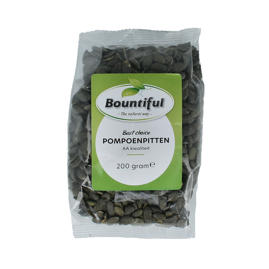 Bountiful AA class pumpkin seeds in a 200g package, raw and superfood quality, shown in the image.
