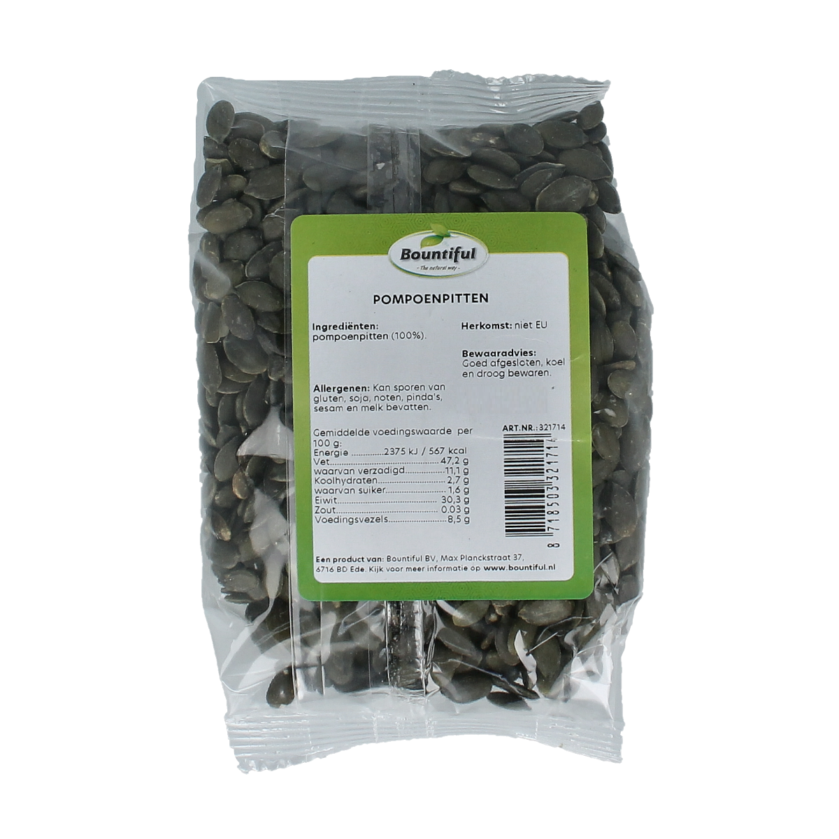 Raw Bountiful AA pumpkin seeds in a 200g package, superfoods, natural and healthy snack with visible pumpkin seeds on the label.