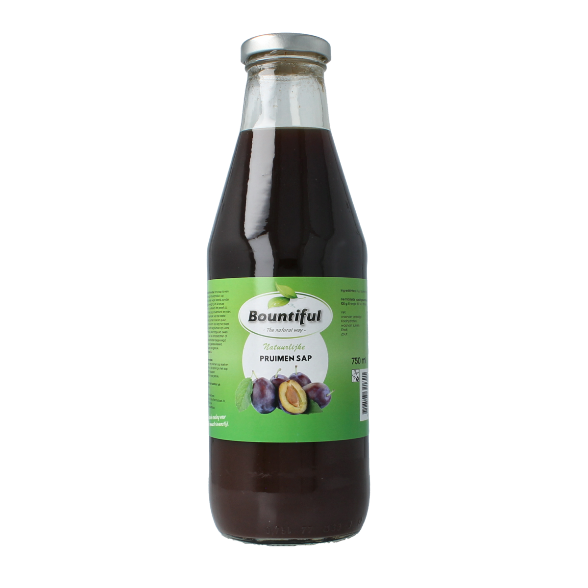 Bountiful Pruimensap 750ml bottle of drink and juice, with colorful label and transparent bottle showing the liquid inside.