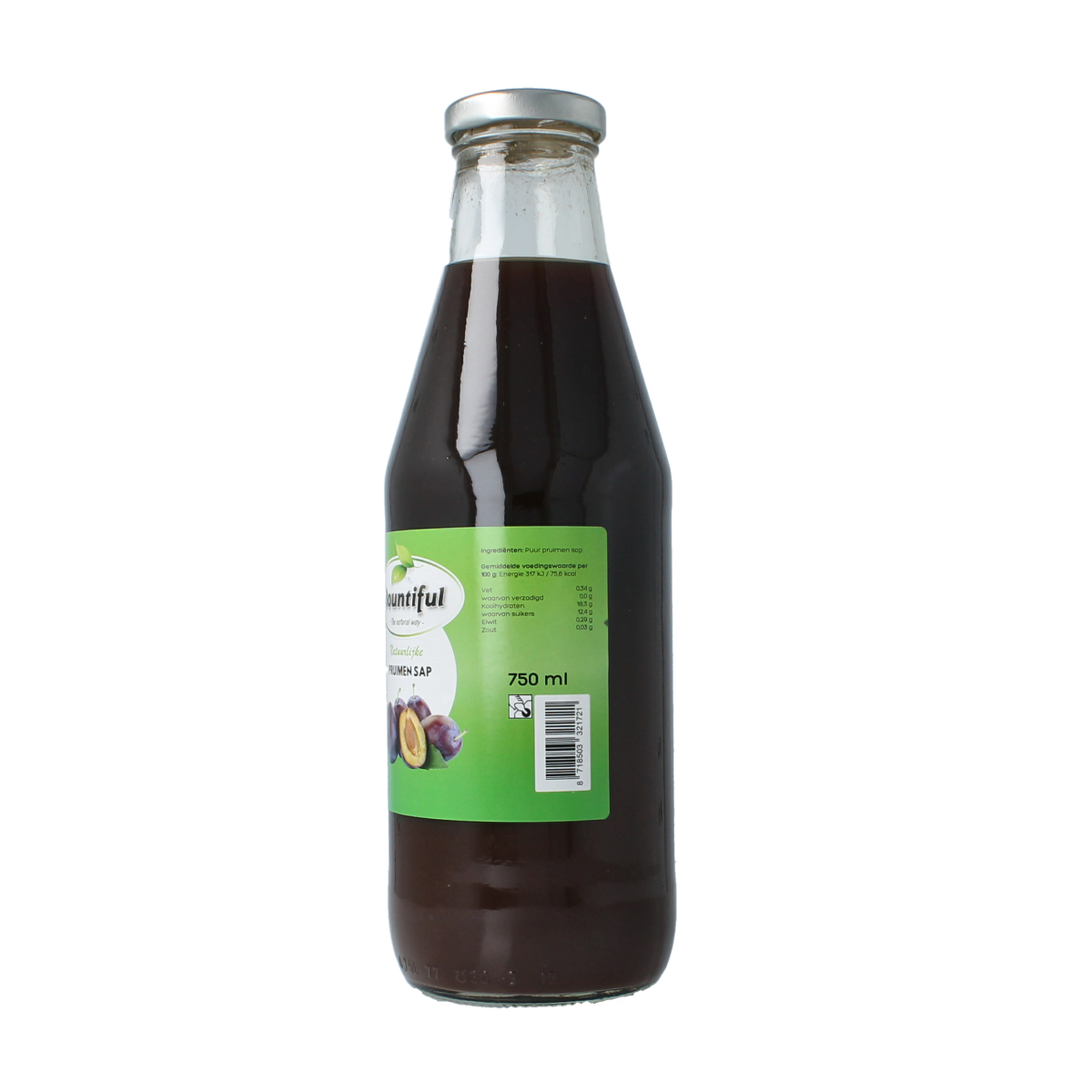 Bountiful Pruimensap 750ml bottle of drink and juice with orange and citrus flavors, labeled with brand and volume.