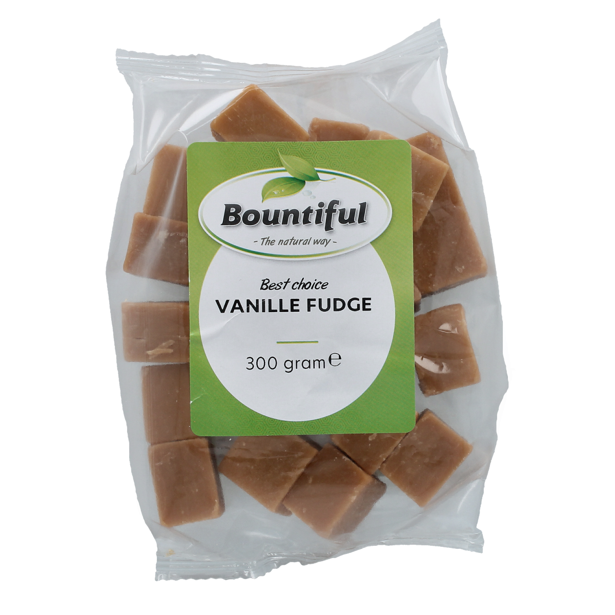 Bountiful Fudge vanille, 300g, creamy vanilla flavored fudge pieces from Bountiful snoepgoed in a clear container.