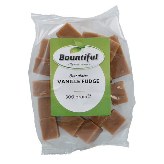Bountiful Fudge vanille, 300g, creamy vanilla flavored fudge pieces from Bountiful snoepgoed in a clear container.