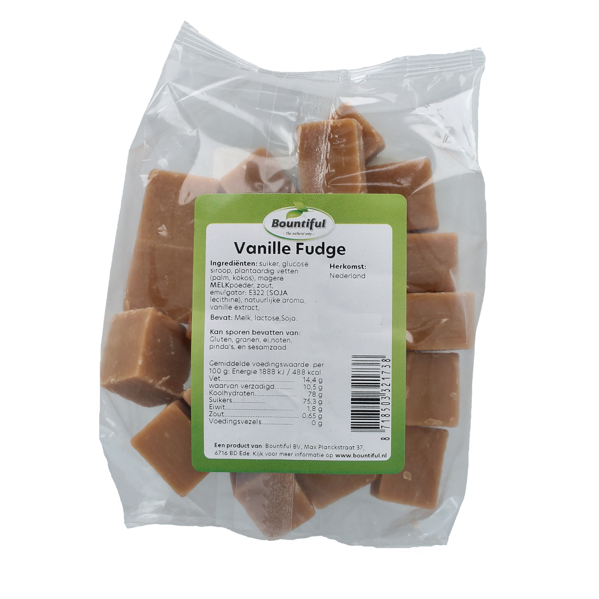 Bountiful vanilla fudge in a 300g package, showing creamy, smooth vanilla-flavored candy from the Bountiful snoepgoed collection.